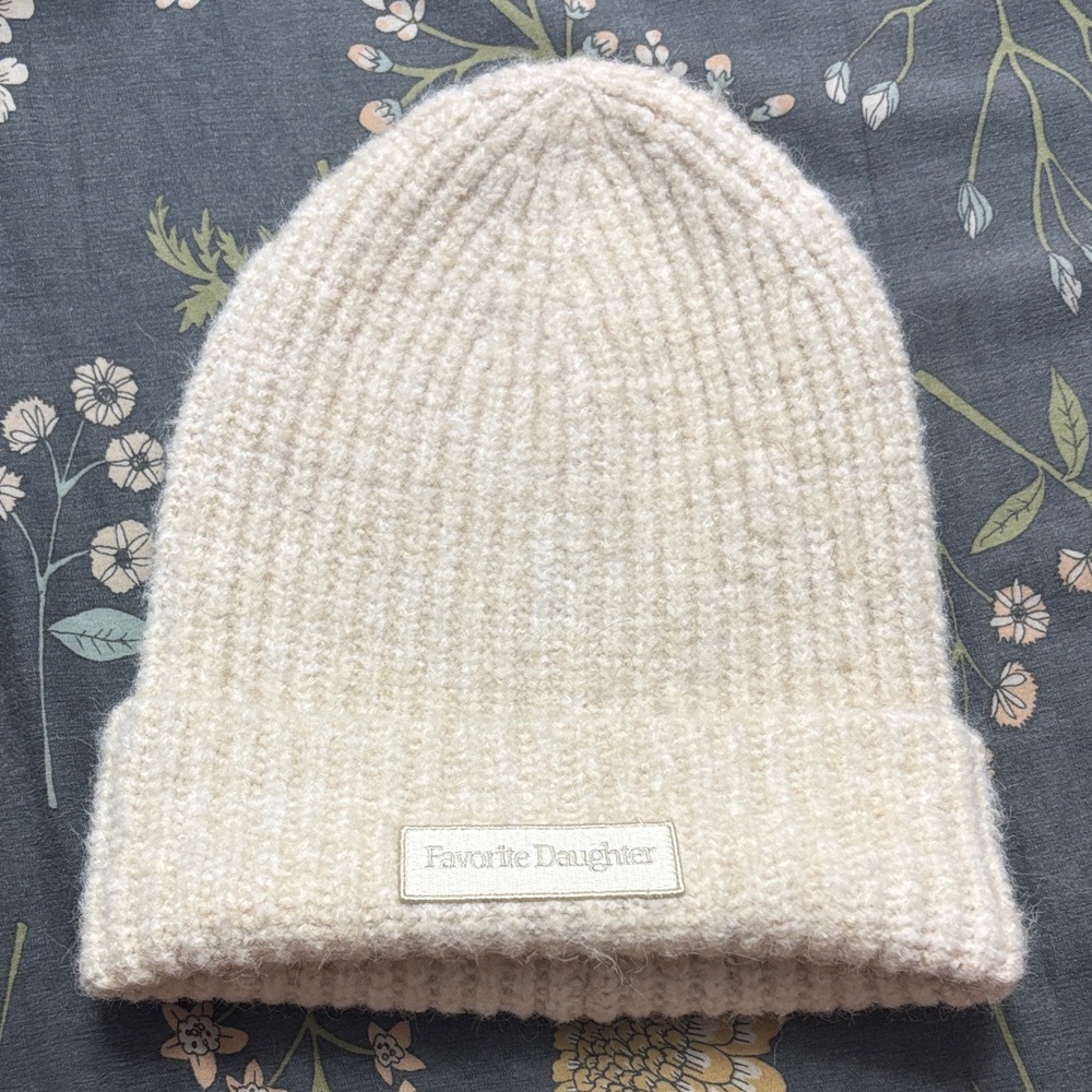 Favorite Daughter Ribbed Knit Logo Patch Winter Wool Beanie in Cream One Size